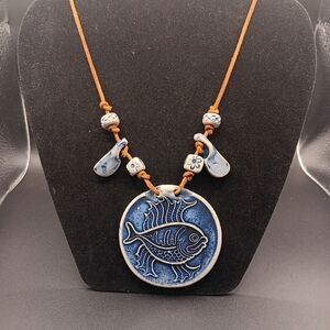 Ceramic & Suede Leather Necklace, 18-20"  With Round Fish Pendant 2"